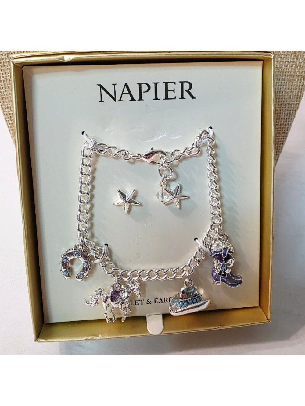 Napier 2 Pc Western Cowgirl Rodeo Charm Silver Tone Bracelet Star Earring Set